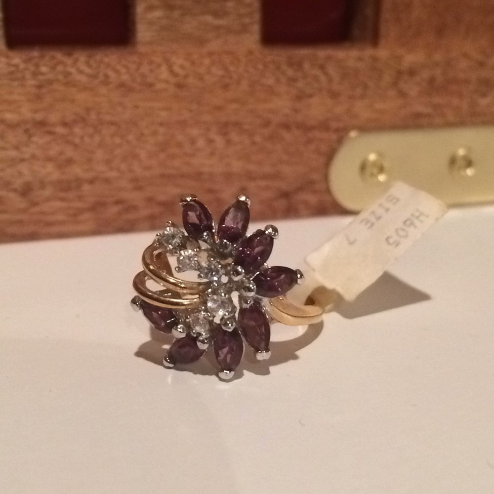 Gold Cocktail Ring Clear & Purple Rhinestones 7